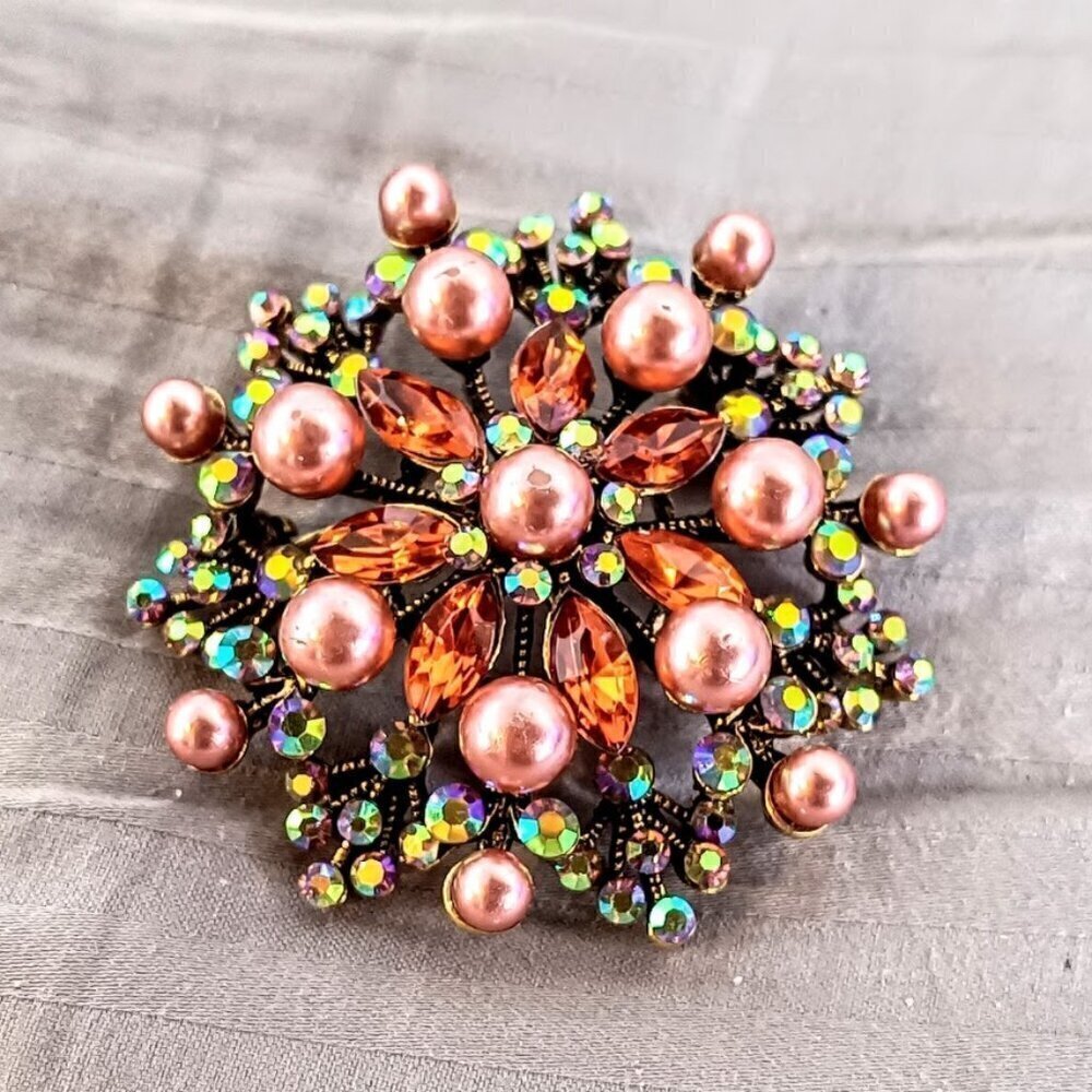 Pink Faux Pearl Aurora Borealis Orange Crystal Round Pin Brooch